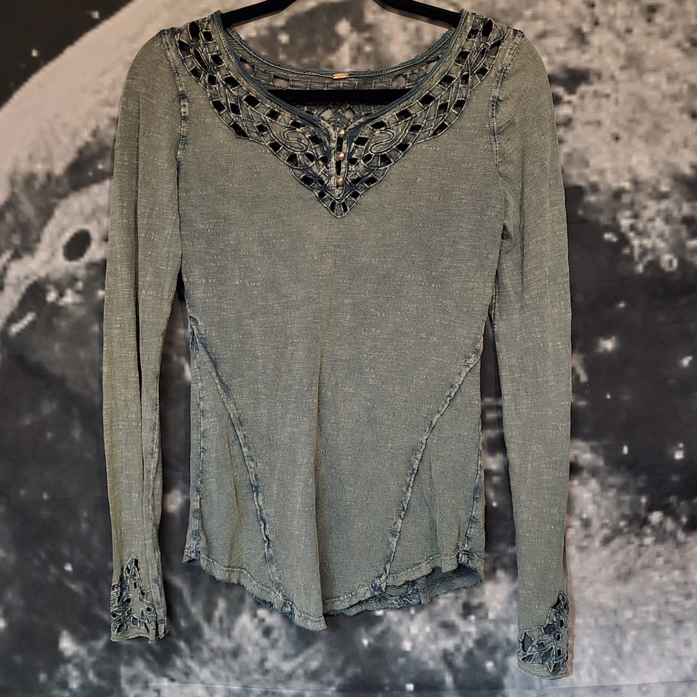 Free People Olive Long Sleeve Top with Black Detailing